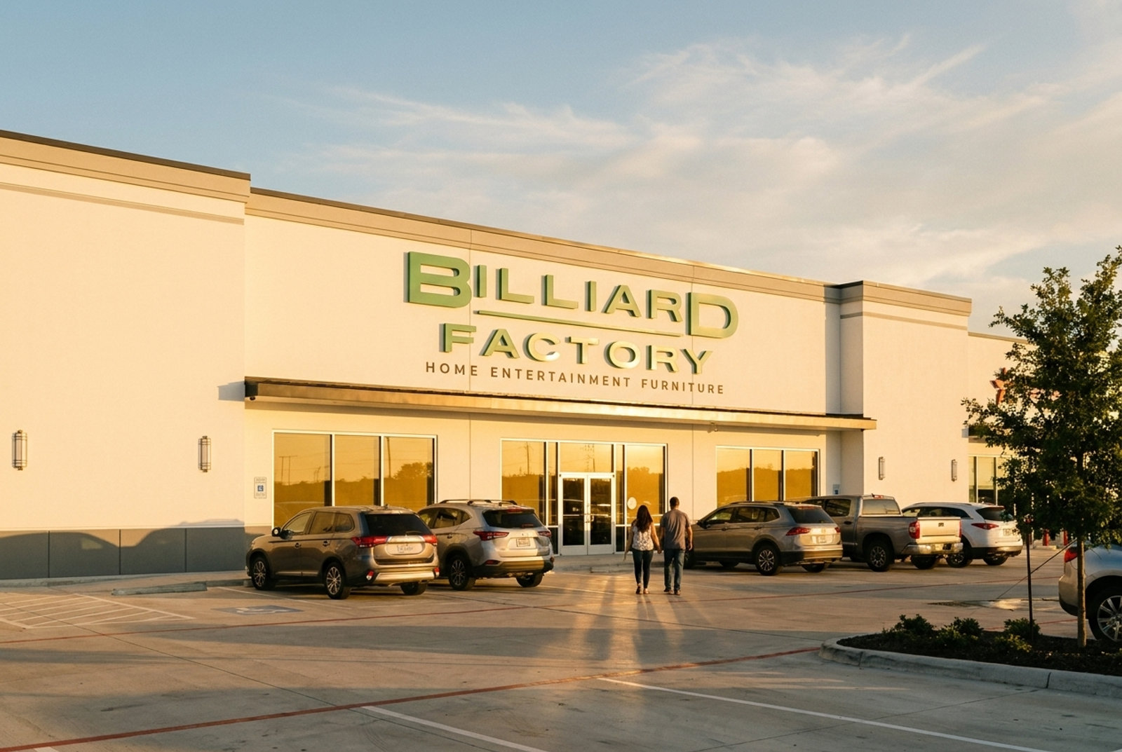 A Billiard Factory showroom at golden hour — green channel letters over the entrance as customers walk in